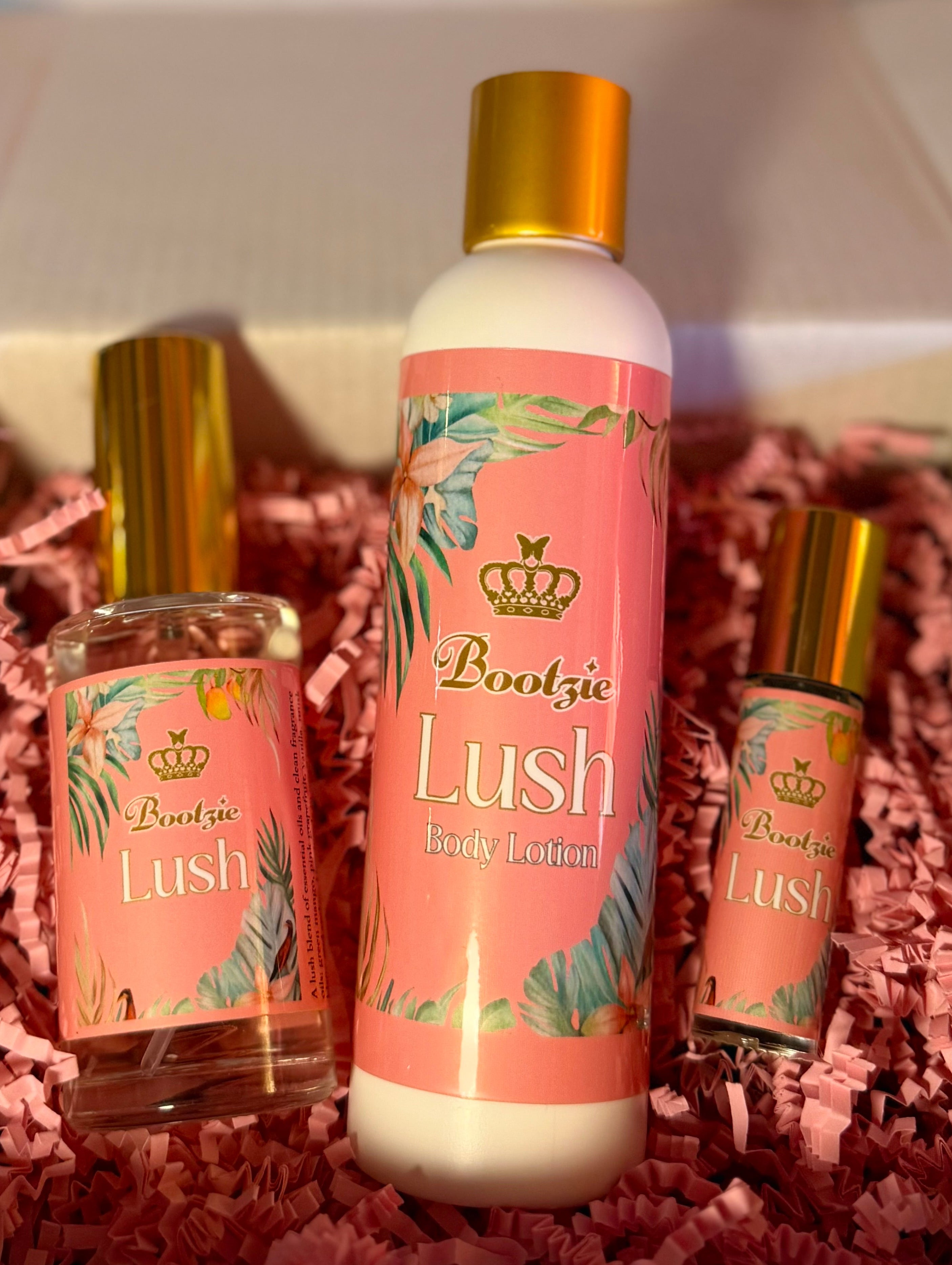 Bootzie “Lush” Luxe Gift Set - Mango, vanilla, pink grapefruit, musk blanc, amber. 10ml roller bottle + 6oz Body Lotion + 2 oz EDP spray